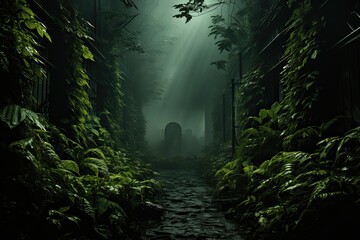 Mysterious and atmospheric scene of a foggy jungle