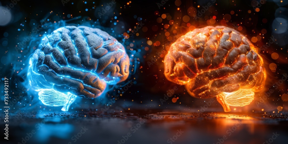 Fototapete a striking visual contrast of two brains illuminated in blue and orange, symbolizing the intersectio