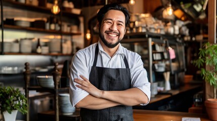 Portrait of a cafe worker barista smiling at the camera. waiter working.