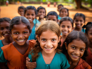 A joyful rural scene displaying a group of children with beaming smiles and vibrant energy.