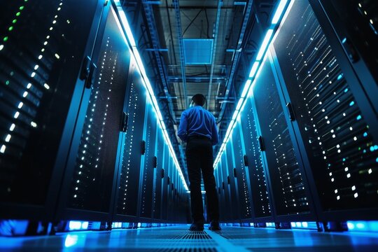 A big data center with an admin checking the hardware.
