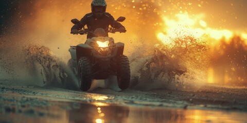Fototapeta premium A Daring ATV Rider Conquers the Sandy Terrain, Kicking Up a Storm of Dust and Adrenaline, Generative AI