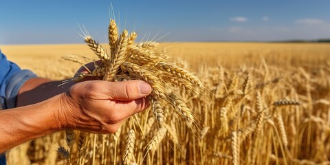 A man holds golden ears of wheat against the background of a ripening field.