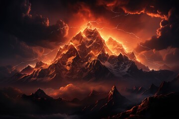 Lightning flashes behind a veil of thick clouds over a mountain range