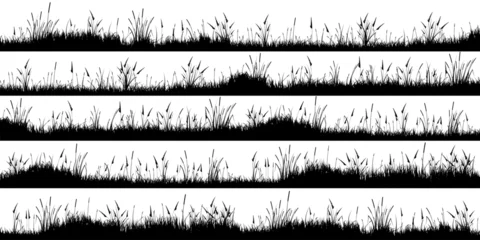 Abwaschbare Fototapete Meadow silhouettes with grass, plants on plain. Panoramic summer lawn landscape with herbs, various weeds. Herbal border, frame element. Black horizontal banners. Vector illustration © 32 pixels