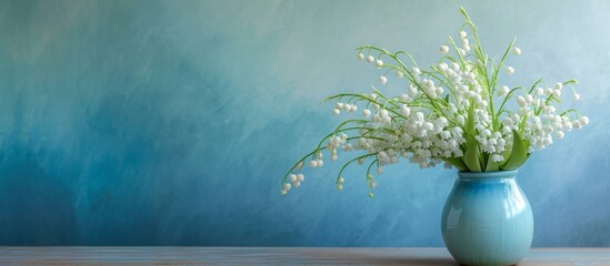 White lily of the valley bouquet in a blue gradient vase.
