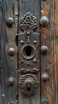 A lock from an old wooden door with signs of use and age. Lock with carving and mark in wood with rustic design. Lock with a long history and durability.