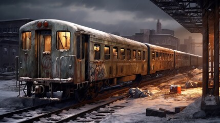 Obraz premium Abandoned Train Station at Winter Snowy Frozen Night