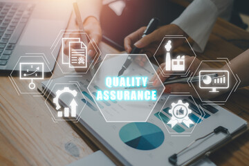 Quality assurance concept, Business team analytics chart and graph on office desk with quality...