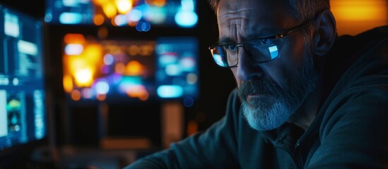 A man with electric blue glasses is watching a display device in a dark room at midnight, enjoying entertainment from a fictional character on the machine.