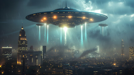 Obraz premium Concept of Mystery and Intrigue: Cinematic Cityscape under the Glow of Hovering UFOs Alien in a Rainstorm, Depicting Extraterrestrial Encounter and Atmospheric Depth