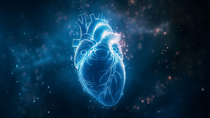 blue color photo of an illustration featuring a x-ray  human heart, healthy, medical concept