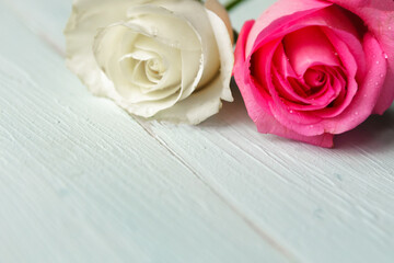 Pink and white roses on wooden background. Valentine's Day or Mother's Day greeting card