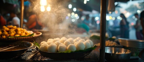 Coconut Rice Cake, known as Kanom Krok, in a Thai market appears hazy.