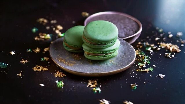 Piles of matcha and pistachio macarons on shiny golden sparkling background, for birthday party, anniversary and St Patrick's celebration, created with generative ai