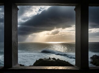 View of stormy sky over the ocean seen through a window