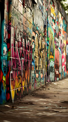 Fototapeta premium Vibrant Urban Graffiti Wall, Concept of Street Art Rebellion and Free Spirit, Colorful Abstract Designs in Outdoor Alley Setting, Unkempt Ground with Leaves