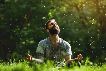 Man meditating outdoors, promoting wellbeing and healthy lifestyle.
