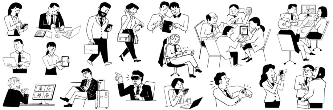Business people using communication technology equipment, mobile phone or smartphone, computer laptop, long distance live streaming, digital tablet. 
Doodle, hand drawn sketch.  