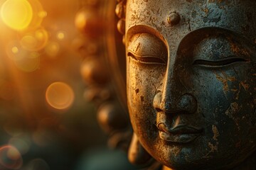 Buddhas serene face symbolizes wisdom and peace in Asian religion. - obrazy, fototapety, plakaty
