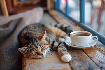 Naklejka na ściany i meble Cat napping beside a coffee cup in a pet-friendly cafe, international jet-setter at rest