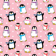 Seamless Pattern with Happy Penguin and Heart Design on Pink Background