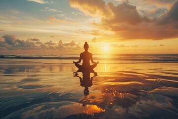 Mantra yoga meditation for mental health on the beach.