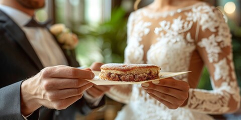 A Newlywed Couple Shares a Kiss Behind Their Elegant Tiered Wedding Cake, Symbolizing Love and Celebration, Generative AI
