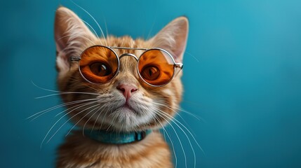 Serious cat in sunglasses. Pet with glasses on a blue sunny background.