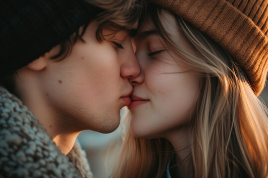 First Kiss of a Teenage Couple, Tender and Loving Gesture Between Two Young Lovers on Kiss Day