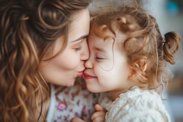 Tender Kiss from a Mother to Her Daughter, Nose Kiss from a Young Mother to Her Baby, Affectionate and Lovely Image on Kiss Day - obrazy, fototapety, plakaty