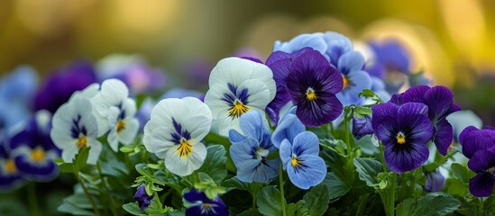 Vibrant White, Blue, and Violet Pansy Flowers Blooming in a Serene Garden