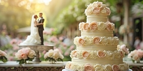 A Majestic Wedding Cake Adorned with Roses and a Romantic Couple Topper, Set in a Dreamy Garden Ambiance, Generative AI
