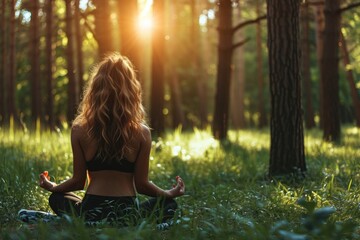 Meditating in forest for inner peace and happiness. - obrazy, fototapety, plakaty