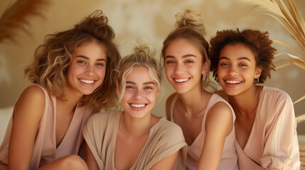 a diverse group of woman friends in the studio on a beige background to promote skincare. Portrait, face, and smile with a happy female and friend group 