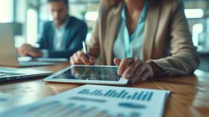 business people with tablets in an office workplace. Collaboration, technology, and workers, men or employees with touchscreen planning sales, research, or financial strategy