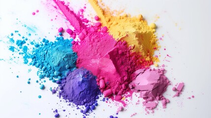 Explosion of vibrant cosmetic pigments in a spectrum of pink, blue, yellow, and purple hues against a white background, evoking a sense of creativity and color diversity