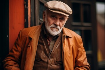 Portrait of an old man with a gray beard in a brown jacket and a beret