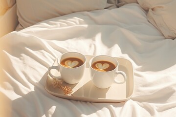 Coffee in mugs in the shape of heart on a tray on white bed. Sun rays illuminate the cups with copy space, Valentine's day, Mother's day, Women's Day and love concept