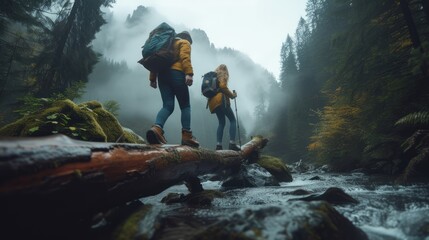 Fototapeta premium Jungle Challenge: In a low angle shot, an Asian couple attempts to climb over a log in a raining jungle, with the focus on their trekking shoes in this adventurous and challenging trek