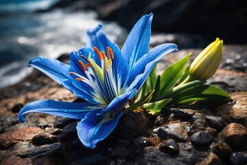 Serenity in Bloom Blue Lily Flowers Adorning Natural Rocks