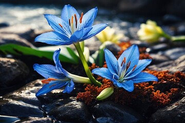 Capturing Beauty Blue Lily Flowers Amidst Rocky Landscapes