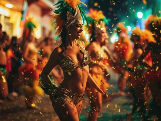 Samba Spectacle: Brazilian Carnival Unveiled - Dancers Bedazzle in Exotic Feather Costumes, Creating a Vibrant Celebration of Rhythm, Culture, and Festive Joy