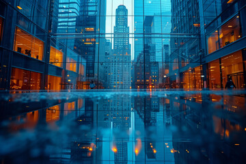 A reflection of skyscrapers on the glass facade of a modern building, illustrating the architectural interplay of reflections. Concept of urban aesthetics. Generative Ai. - obrazy, fototapety, plakaty