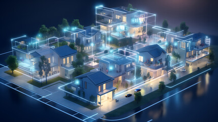 Fototapeta na wymiar isometric illustration of a residential complex with smart homes and automated living spaces