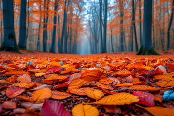Naklejka na ściany i meble Vibrant autumn leaves carpeting a forest floor, capturing the fleeting beauty of seasonal change. Concept of the transient nature of life. Generative Ai.