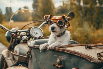 Dog with goggles sitting in a vintage motorcycle sidecar.