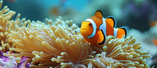Naklejka na ściany i meble Western Pacific Clownfish seeks refuge in the anemone on a coral reef.