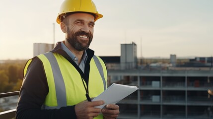 A smiling caucasian builder in a white hard hat and yellow fluorescent jacket holds clipboard, stands on the roof, inspects construction site and makes notes - Powered by Adobe