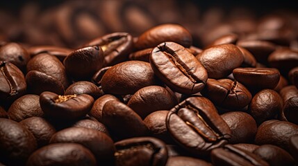 Naklejka premium Brown Roasted Coffee Beans Closeup On Dark Background